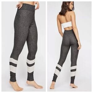 Free People High Rise Ribbed Knit Leggings Size Small Charcoal Gray White Stripe